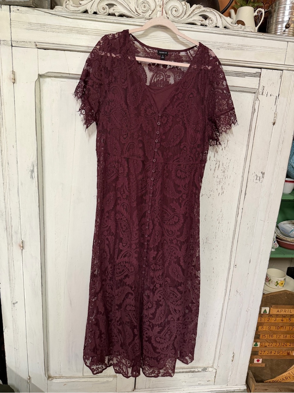 torrid Burgundy Lace Midi Dress with Button-Front